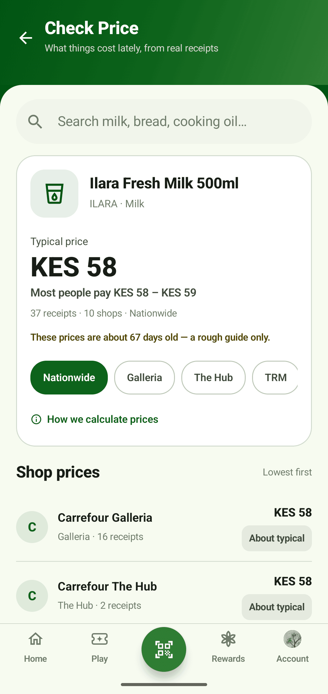 Check Price in the Kacha app: a product with its typical price, the range most people pay and how many receipts it comes from.